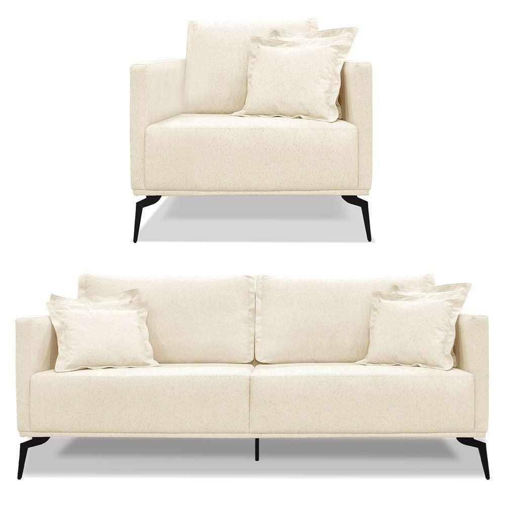 Kit Poltrona E Sofá 2 Lugares 1,80m Pés Metálicos Bege - 1