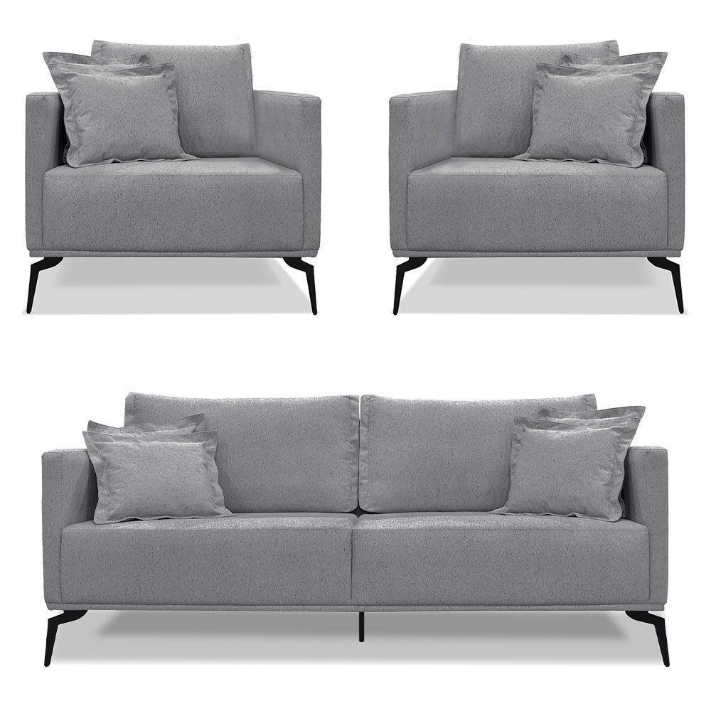 Kit 2 Poltronas E Sofá 2 Lugares 1,80m Pés Metálicos Grafite - 1
