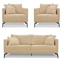 Kit 2 Poltronas E Sofá 2 Lugares 1,80m Pés Metálicos Dourado - 1