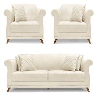 Kit 2 Poltronas E Sofá 2 Lugares 1,80m Natural Pés Castanho - 1