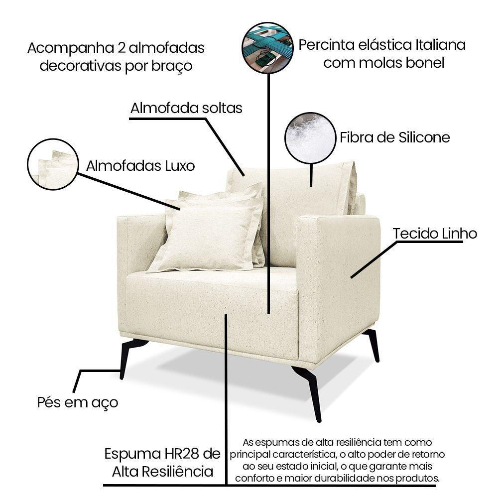 Kit 2 Poltronas E Sofá 2 Lugares 1,80m Pés Metálicos Natural - 12