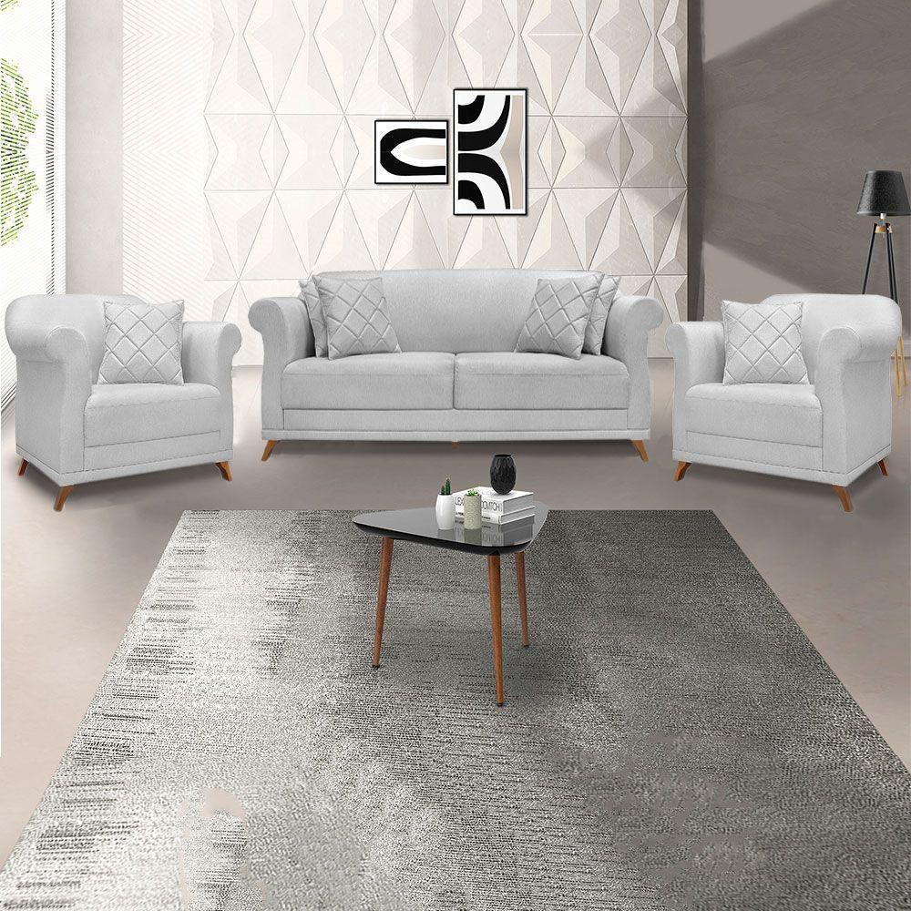 Kit 2 Poltronas E Sofá 2 Lugares 1,80m Cinza Pés Castanho - 9