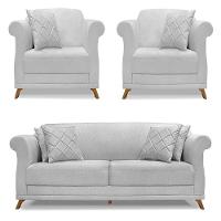 Kit 2 Poltronas E Sofá 2 Lugares 1,80m Cinza Pés Castanho - 1