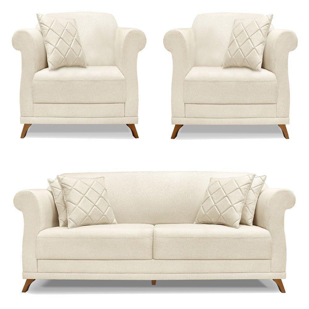 Kit 2 Poltronas E Sofá 2 Lugares 1,80m Pés Castanho Natural - 1