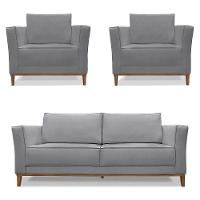 Kit 2 Poltronas e Sofá Living 2 Lugares 1,90m Vega Linho Gra - 1