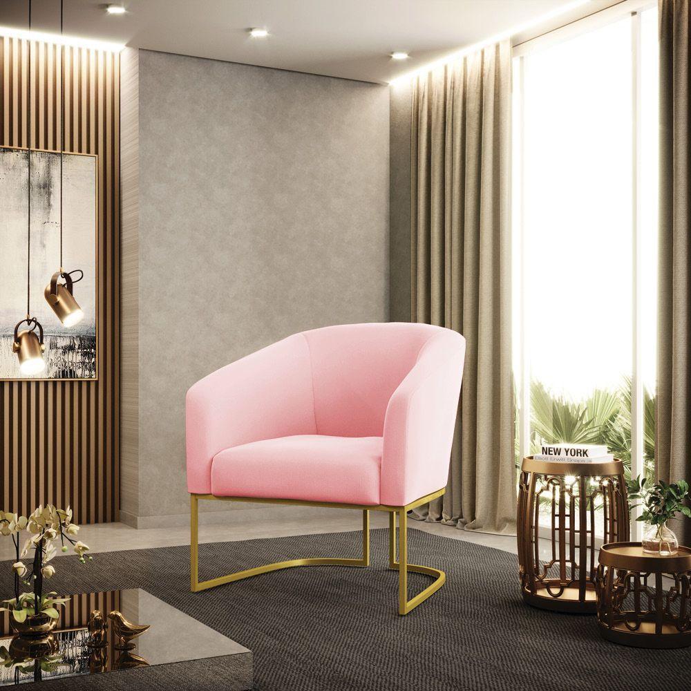 Kit 02 Poltronas Suede Base Industrial Dourada Rosa Bebê - 8