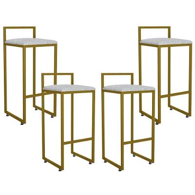 Kit 04 Banquetas Altas Hanna Dourado Linho Cinza