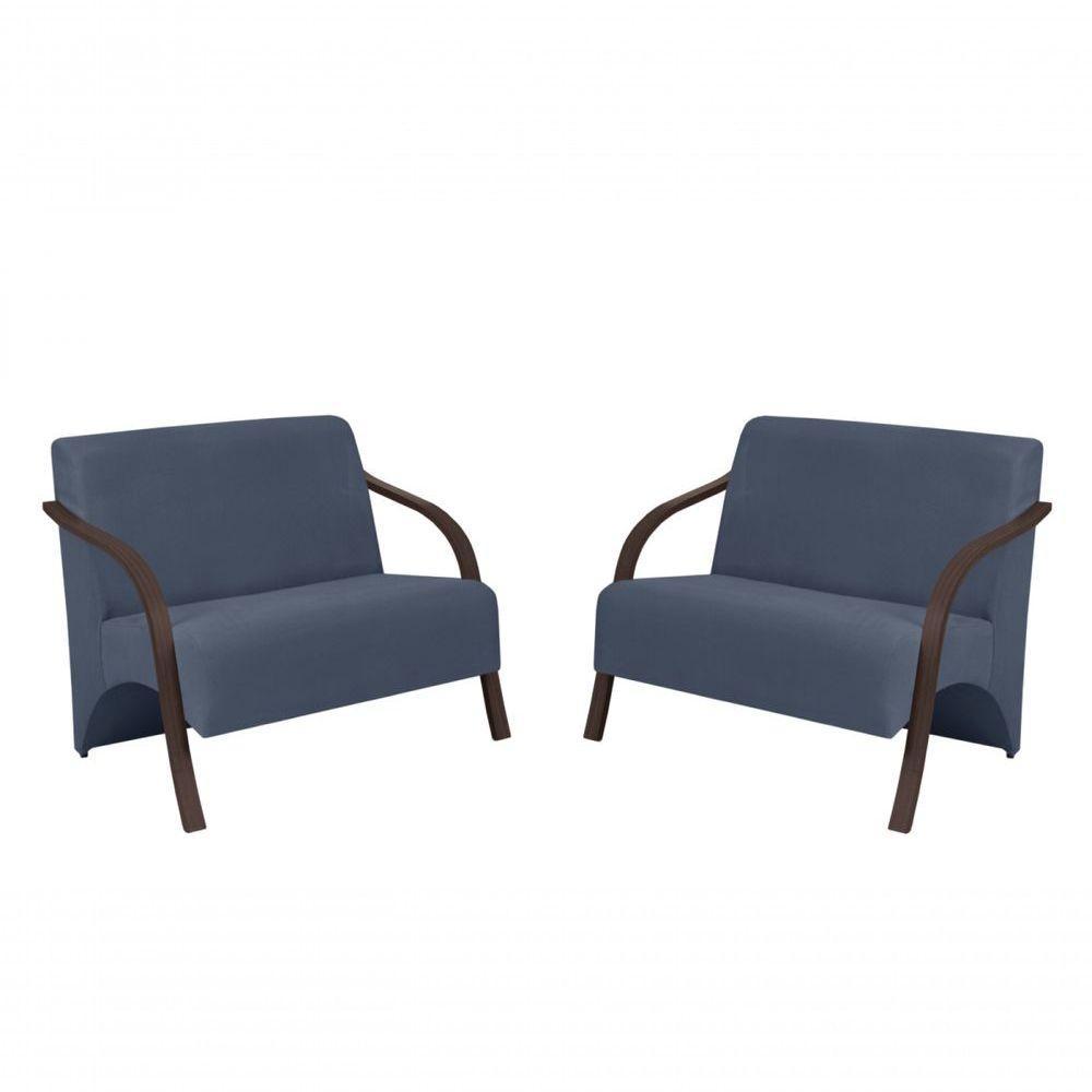 Kit 2 Poltronas 2 Lugares Suede Braço Madeira Azul Bic - 1