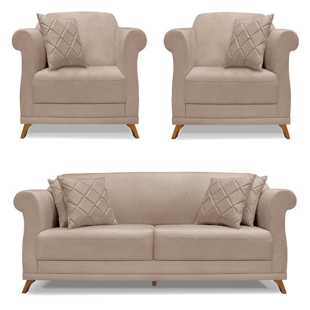 Kit 2 Poltronas E Sofá 2 Lugares 1,60m Pés Castanho Areia - 1