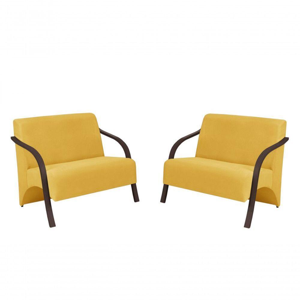 Kit 2 Poltronas 2 Lugares Suede Braço Madeira Amarelo - 1