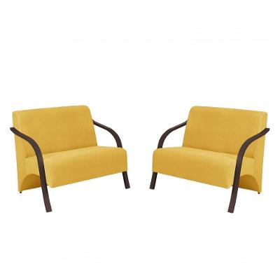 Kit 2 Poltronas 2 Lugares Suede Braço Madeira Amarelo