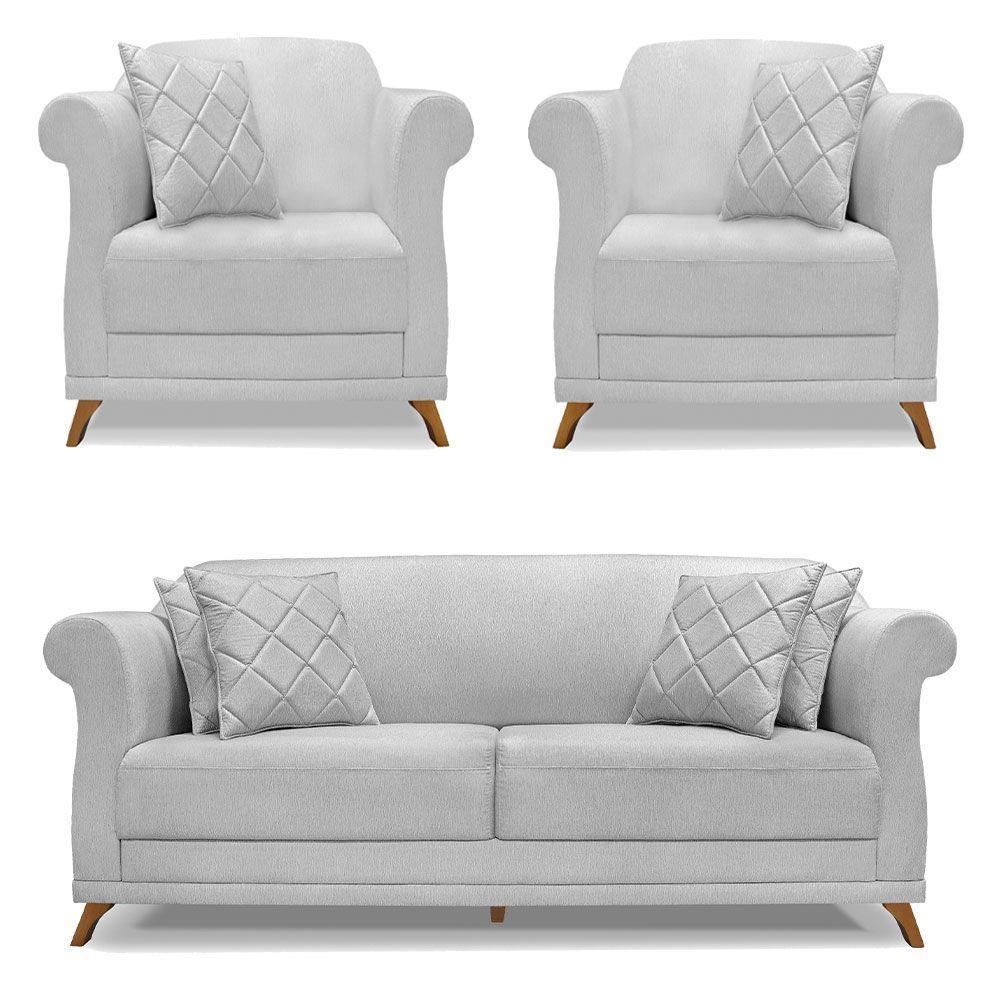 Kit 2 Poltronas E Sofá 2 Lugares 1,60m Cinza Pés Castanho - 1