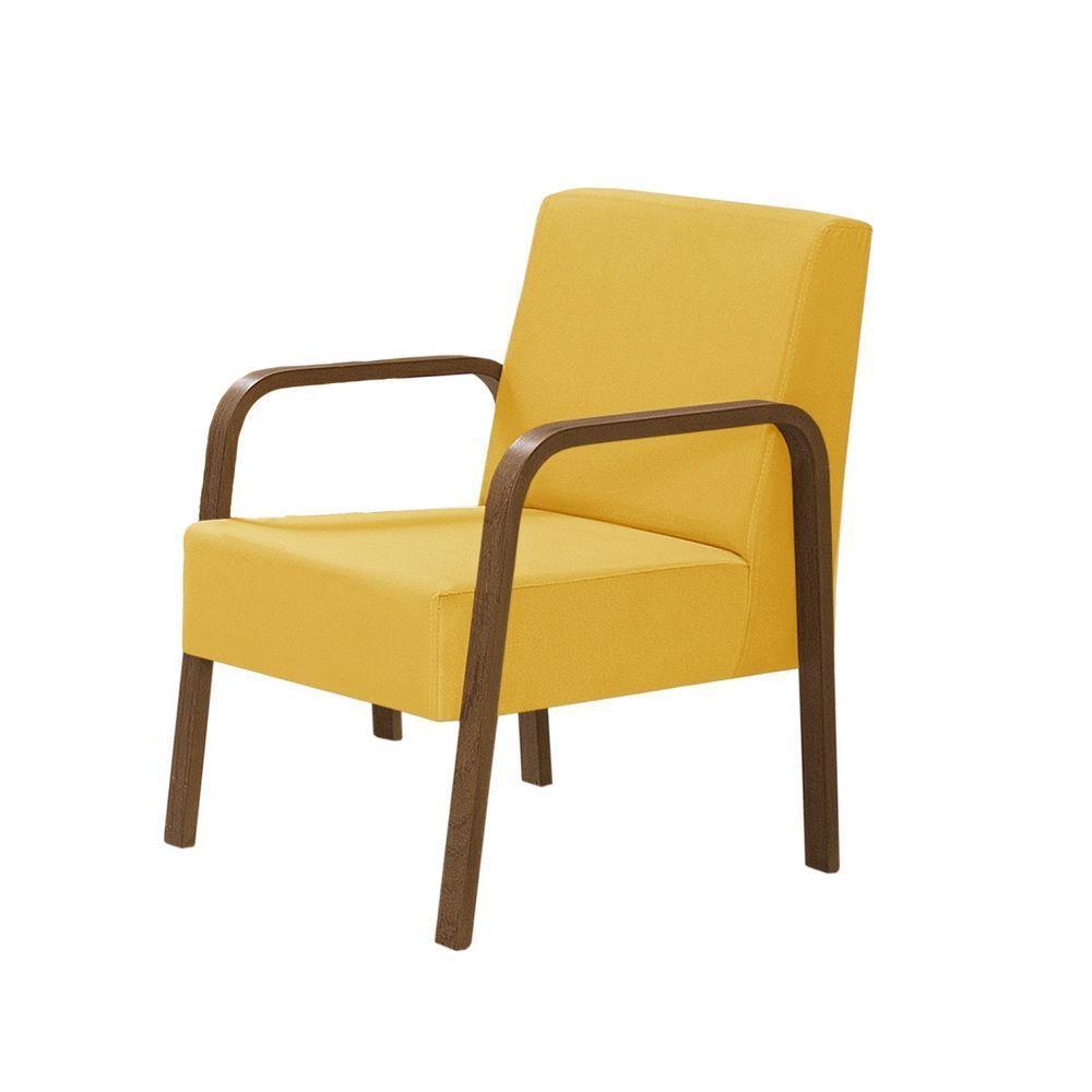 Poltrona 1 Lugar Jade Braço Madeira Suede Amarelo - 1