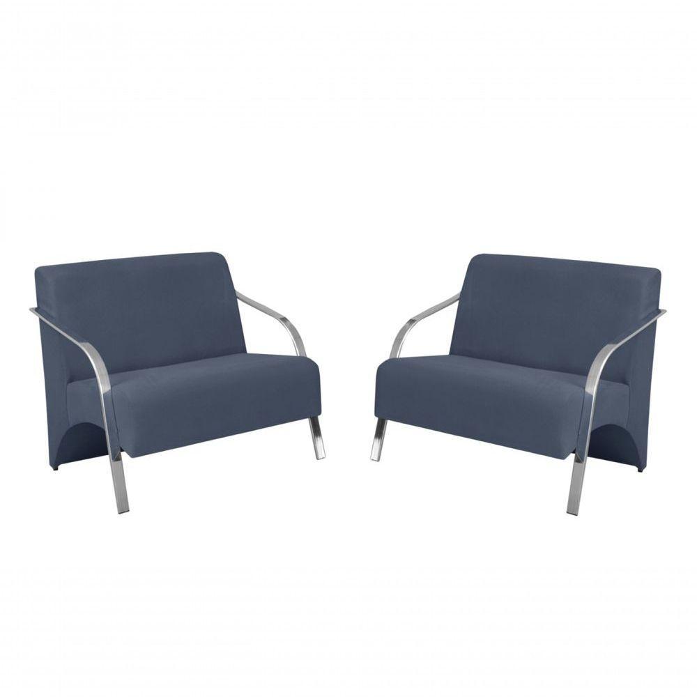 Kit 2 Poltronas 2 Lugares Braço Alumínio Suede Azul Bic - 1