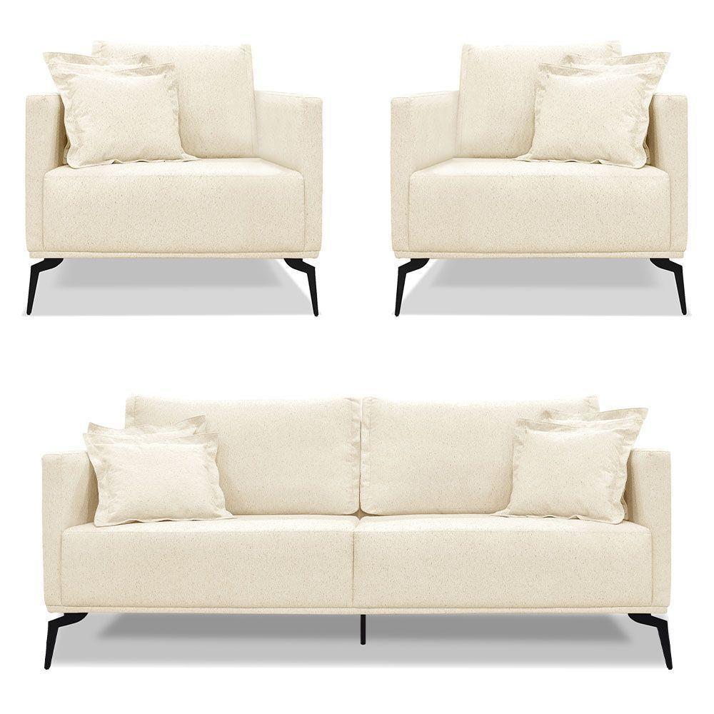 Kit 2 Poltronas E Sofá 2 Lugares 1,80m Bege Pés Metálicos - 1