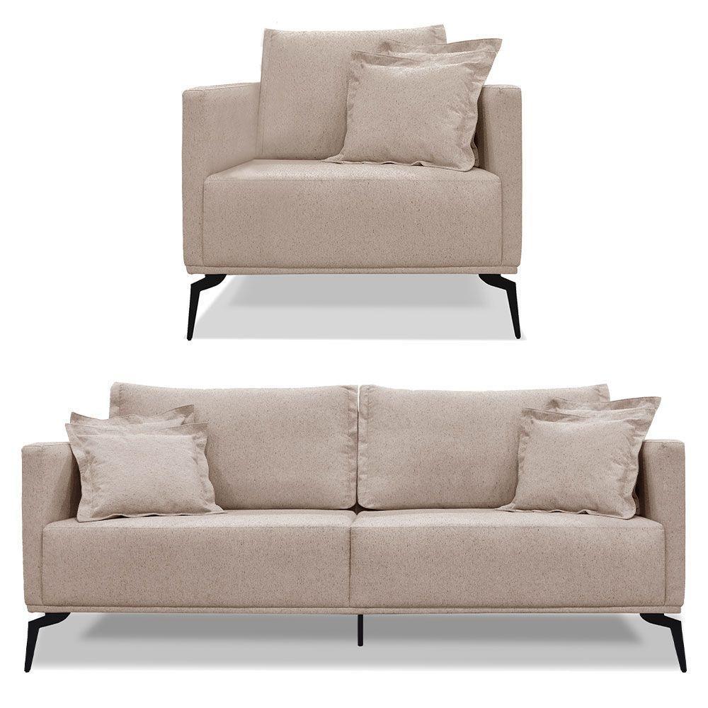 Kit Poltrona E Sofá 2 Lugares 1,60m Pés Metálicos Areia - 1