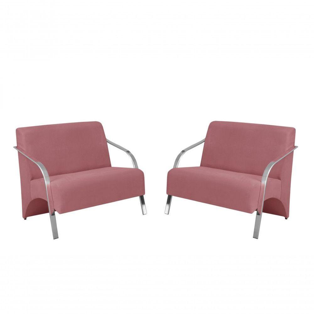 Kit 2 Poltronas 2 Lugares Braço Alumínio Suede Rosa - 1