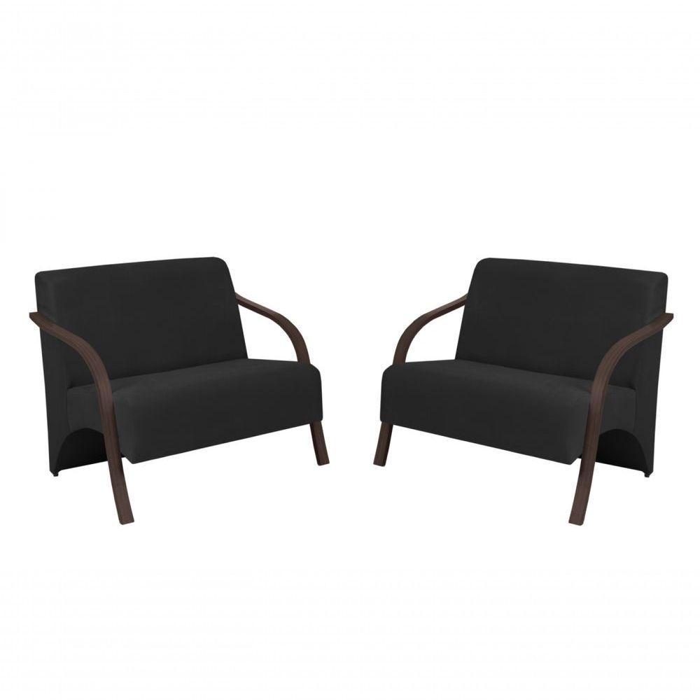 Kit 2 Poltronas 2 Lugares Suede Braço Madeira Preto - 1