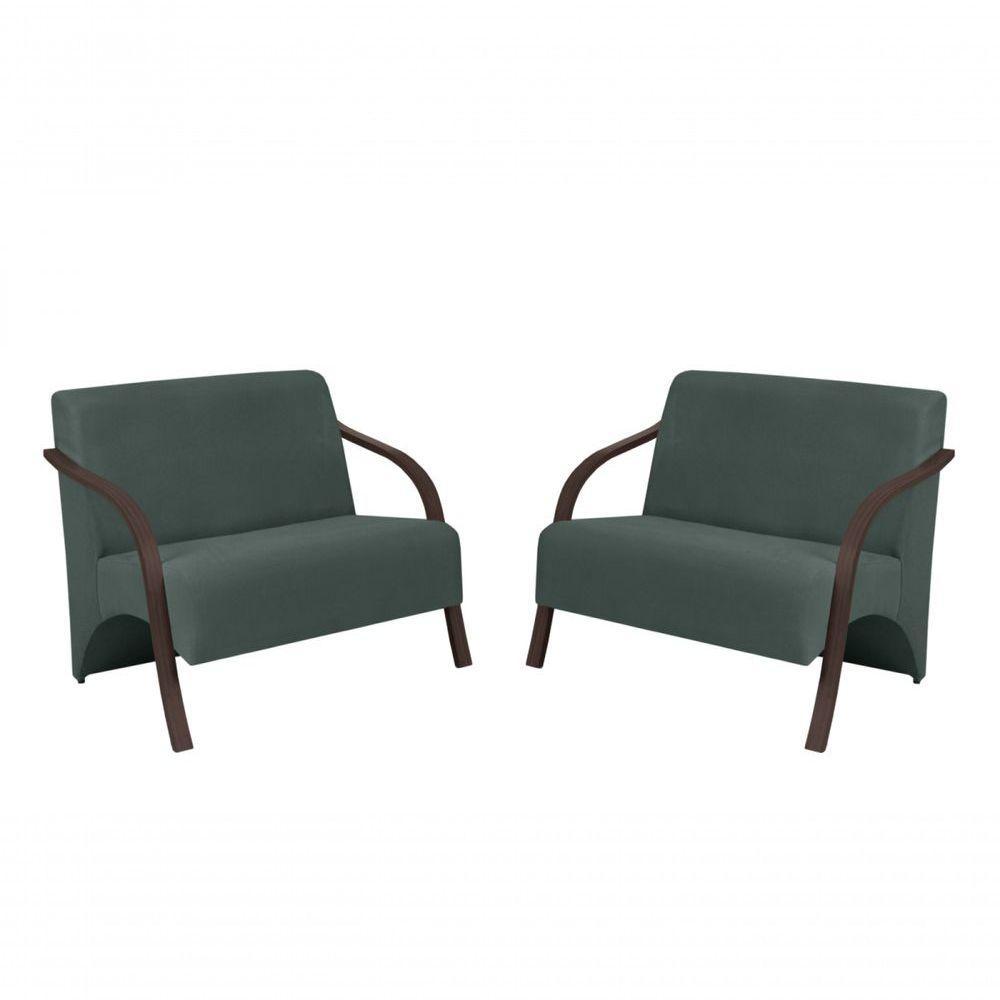 Kit 2 Poltronas 2 Lugares Suede Braço Madeira Turquesa - 1