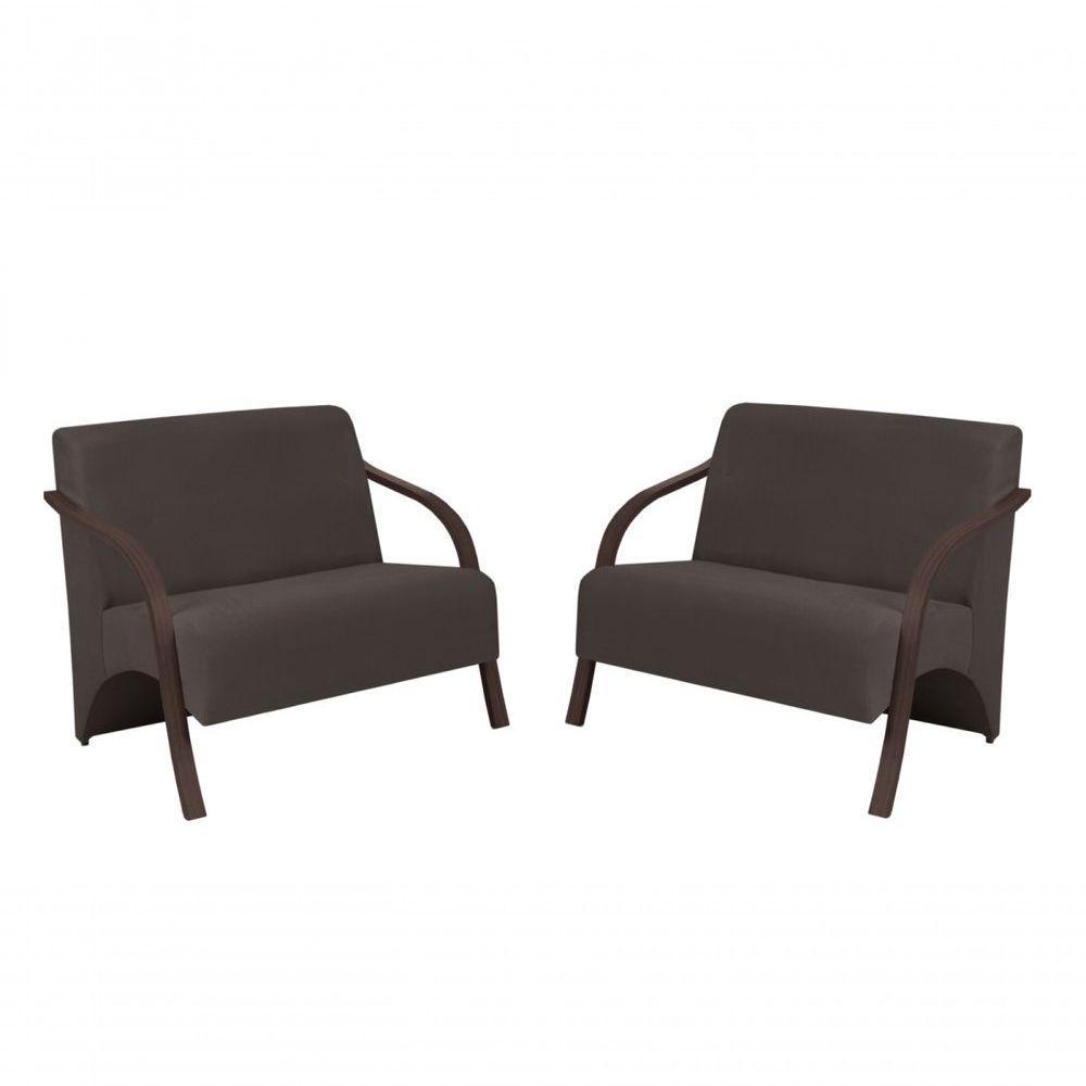 Kit 2 Poltronas 2 Lugares Suede Braço Madeira Marrom - 1