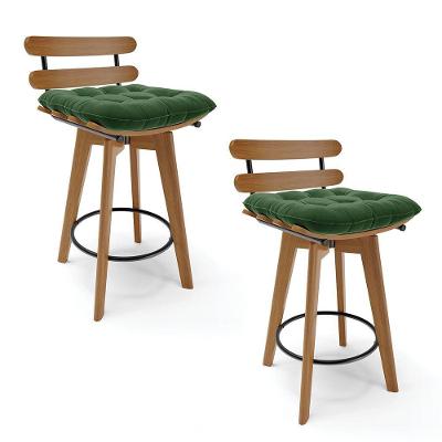 Kit 02 Banquetas Giratória Costela Suede Base Madeira Verde