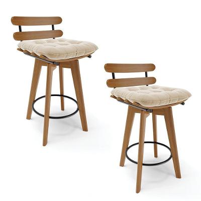 Kit 02 Banquetas Giratória Costela Suede Bege Base Madeira
