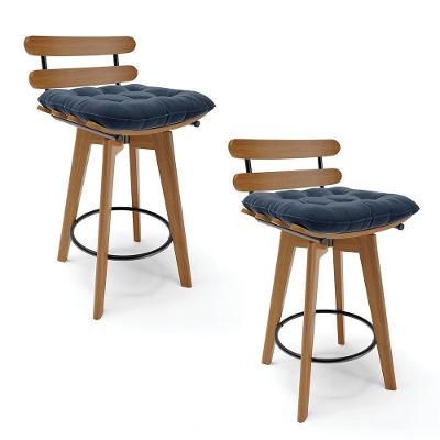 Kit 02 Banquetas Giratória Suede Azul Marinho Base Madeira
