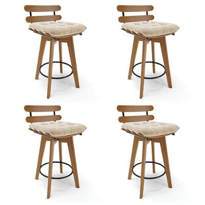 Kit 04 Banquetas Giratória Costela Suede Base Madeira Bege