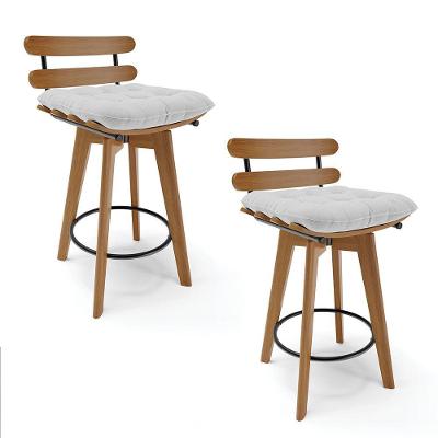 Kit 02 Banquetas Giratória Linho Cinza Base Madeira
