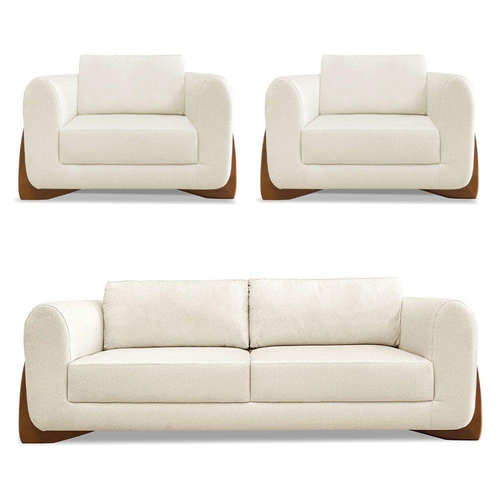 Kit 2 Poltronas E Sofá 2 Lugares Linho Pés Castanho Natural - 1