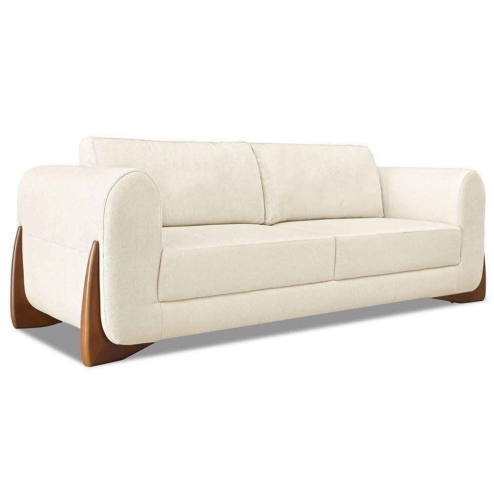 Kit 2 Poltronas E Sofá 2 Lugares Linho Pés Castanho Natural - 7