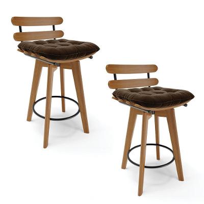 Kit 02 Banquetas Giratória Costela Suede Base Madeira Marrom
