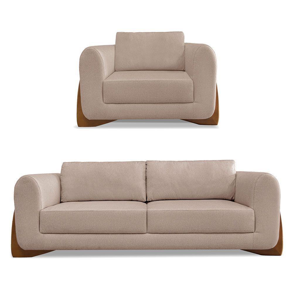 Kit Poltrona E Sofá 2 Lugares 1,60M Linho Areia Pés Castanho - 1
