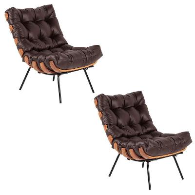 Kit 02 Poltronas Giratória Costela Couro Marrom Base Madeira