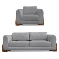 Kit Poltrona E Sofá 2 Lugares Linho Pés Castanho Cor Grafite - 1