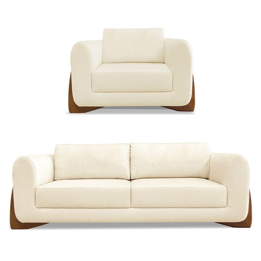 Kit Poltrona E Sofá 2 Lugares 1,60M Linho Bege Pés Castanho - 1