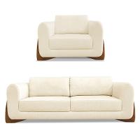 Kit Poltrona E Sofá 2 Lugares 1,60M Linho Bege Pés Castanho - 1