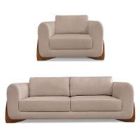 Kit Poltrona E Sofá 2 Lugares Linho Pés Castanho Cor Areia - 1