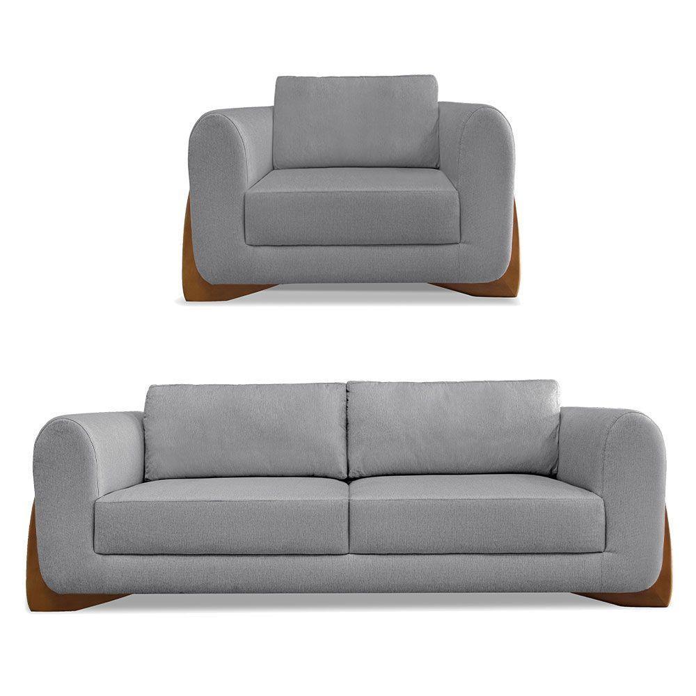 Kit Poltrona E Sofá 2 Lugares Linho Pés Castanho Cor Grafite - 1