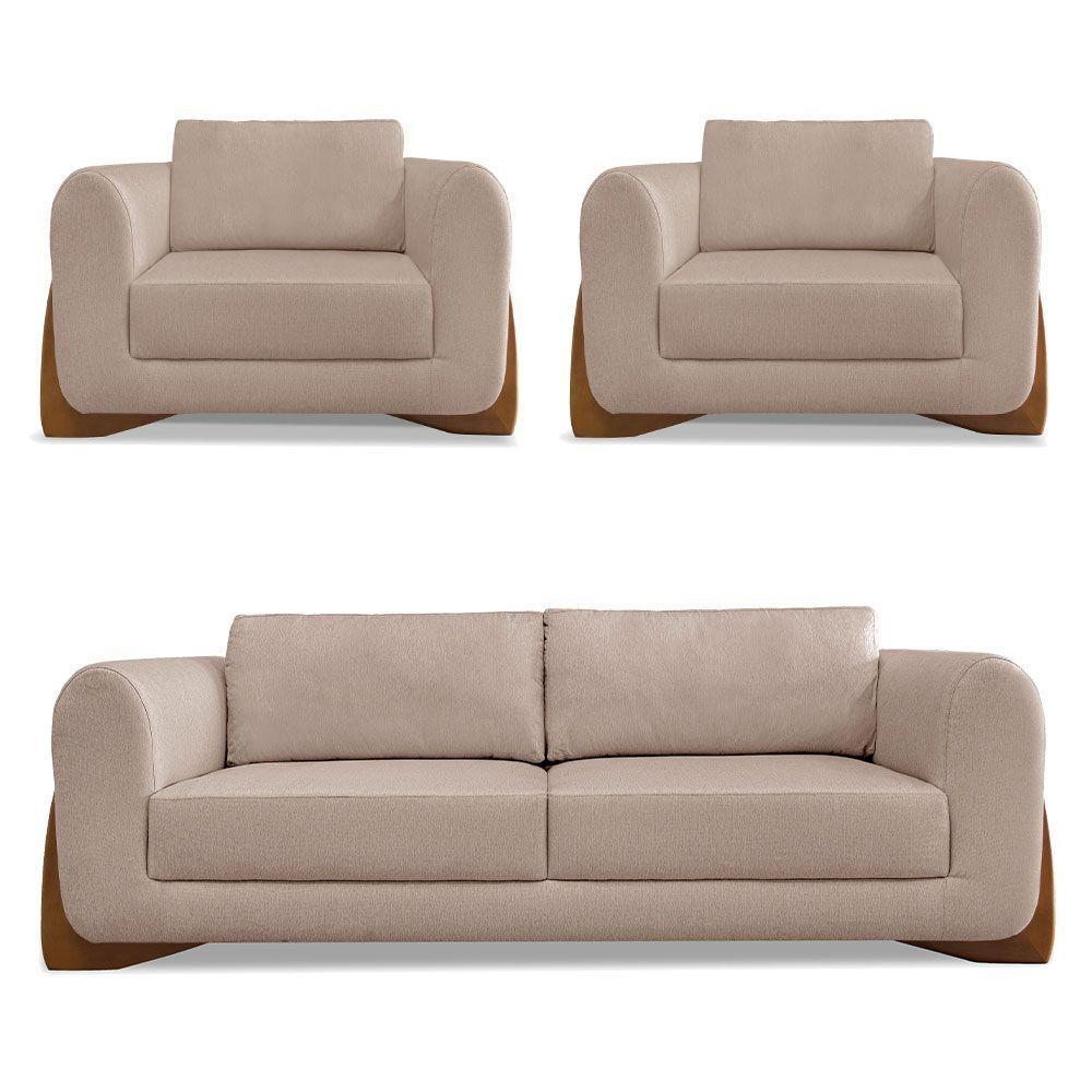Kit 2 Poltronas E Sofá 2 Lugares Linho Pés Castanho Areia - 1