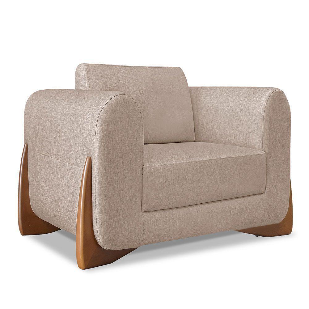 Kit 2 Poltronas E Sofá 2 Lugares Linho Pés Castanho Areia - 8