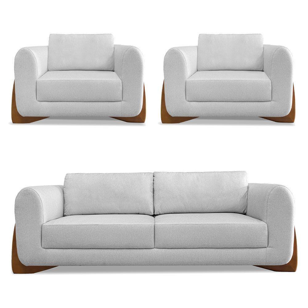 Kit 2 Poltronas E Sofá 2 Lugares Linho Pés Castanho Cinza - 1