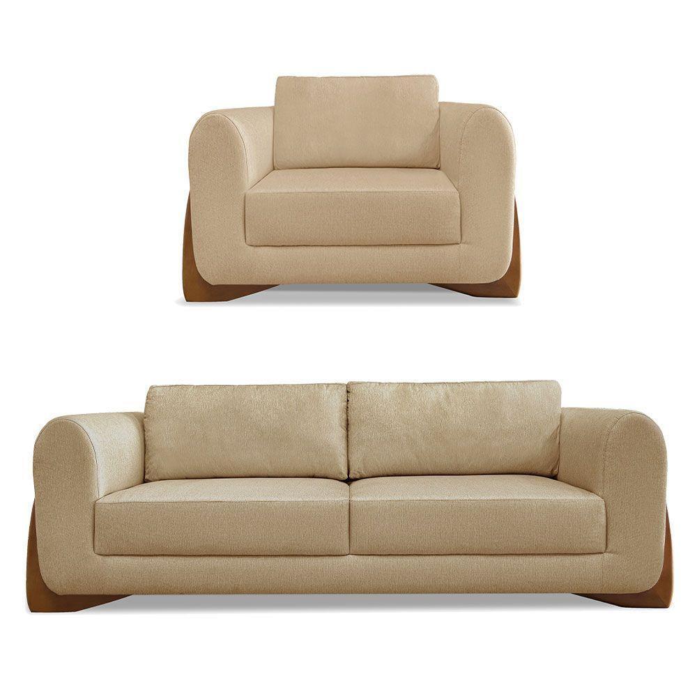 Kit Poltrona E Sofá 2 Lugares Linho Pés Castanho Cor Dourado - 1