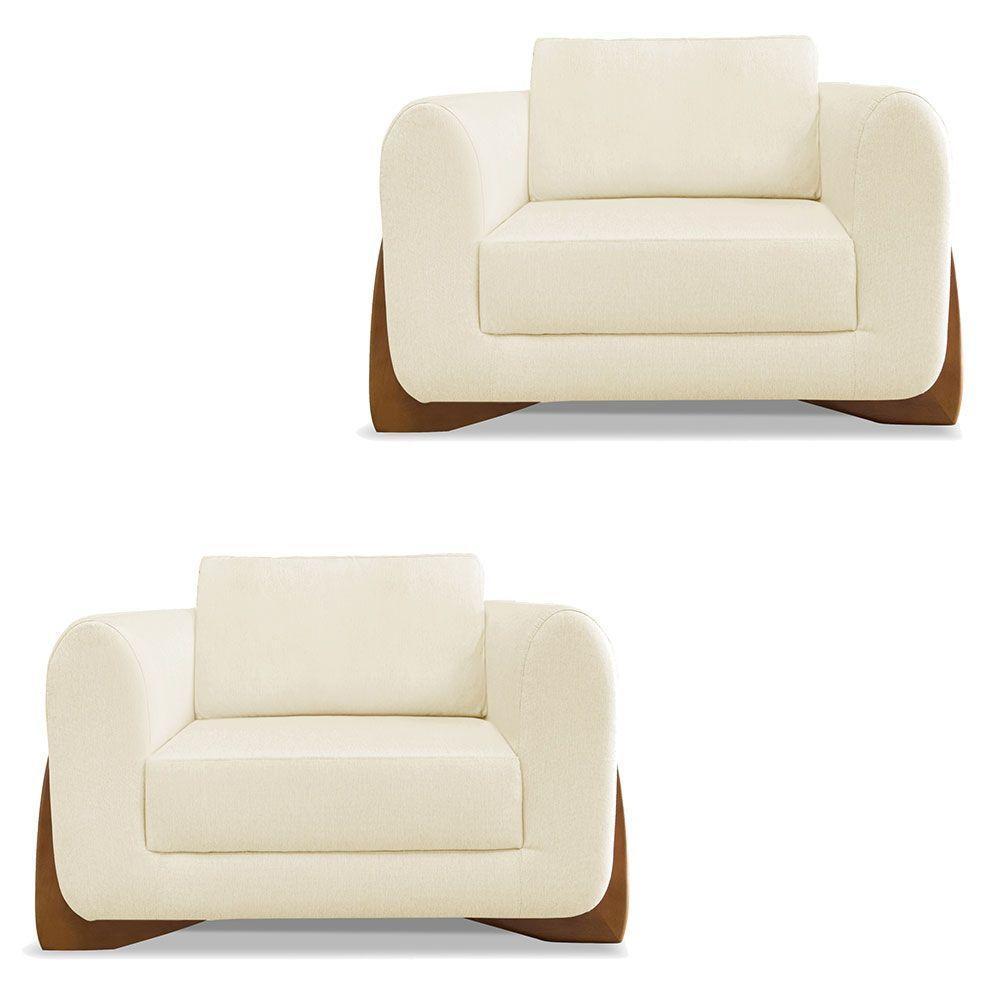 Kit 2 Poltronas Sala De Estar Lottus Linho Bege Pés Castanho - 1