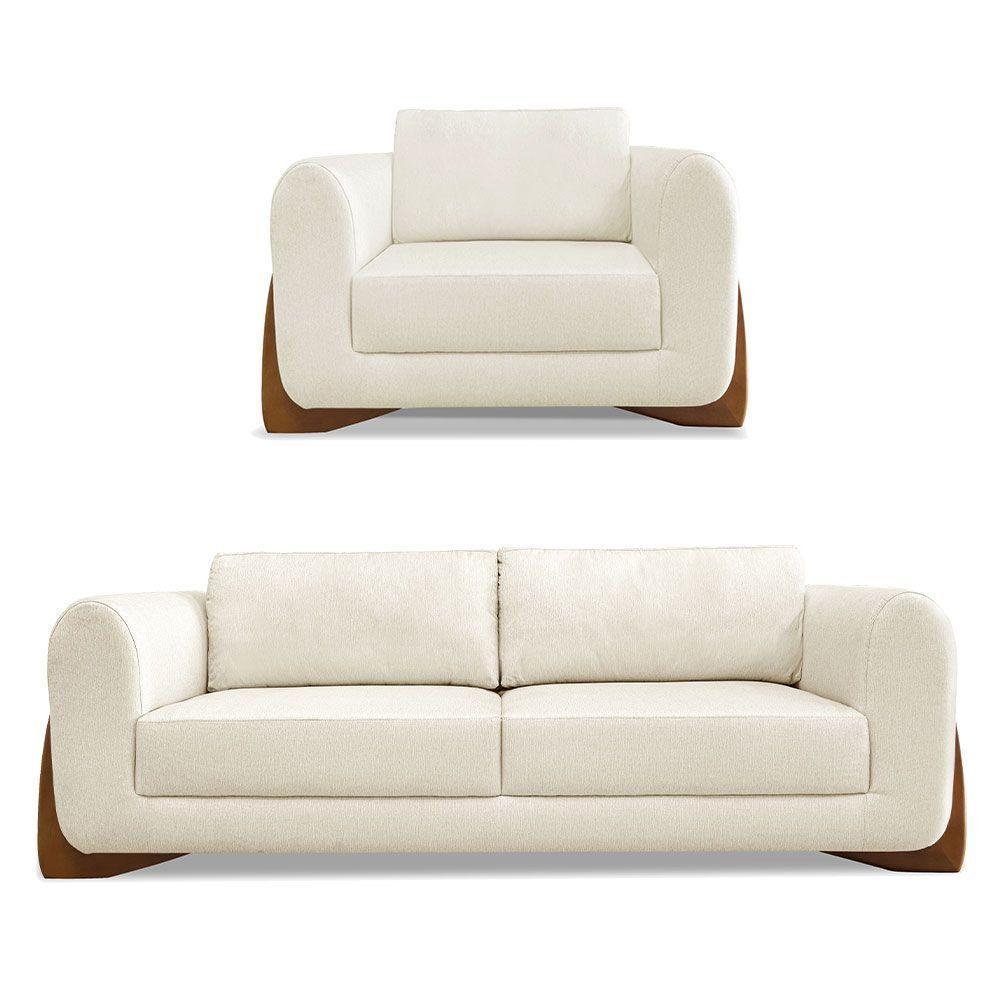 Kit Poltrona E Sofá 2 Lugares Linho Pés Castanho Cor Natural - 1