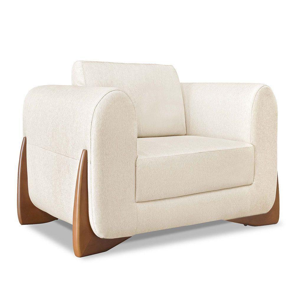 Kit Poltrona E Sofá 2 Lugares Linho Pés Castanho Cor Natural - 5