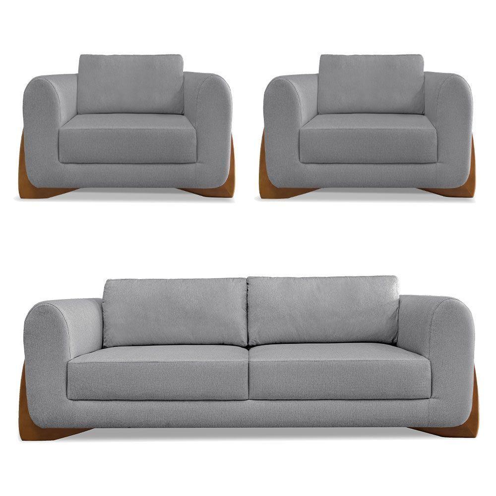 Kit 2 Poltronas E Sofá 2 Lugares Linho Pés Castanho Grafite - 1