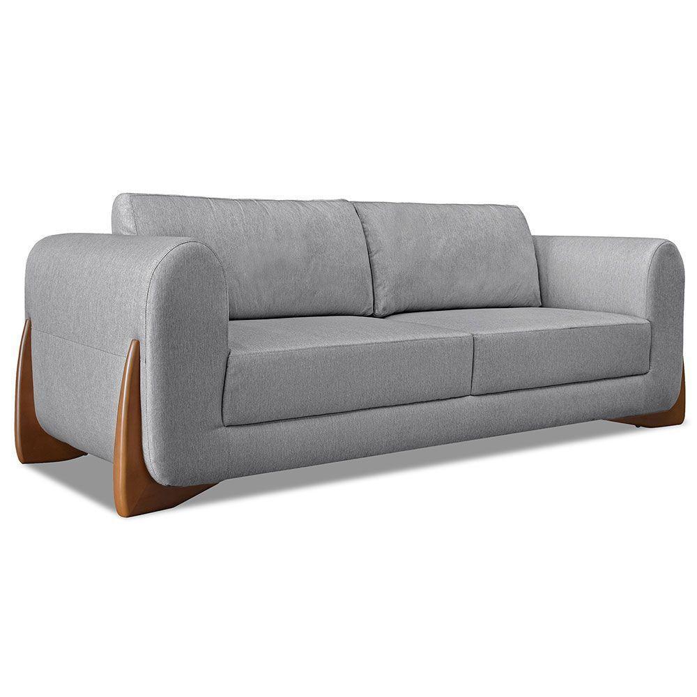 Kit 2 Poltronas E Sofá 2 Lugares Linho Pés Castanho Grafite - 6