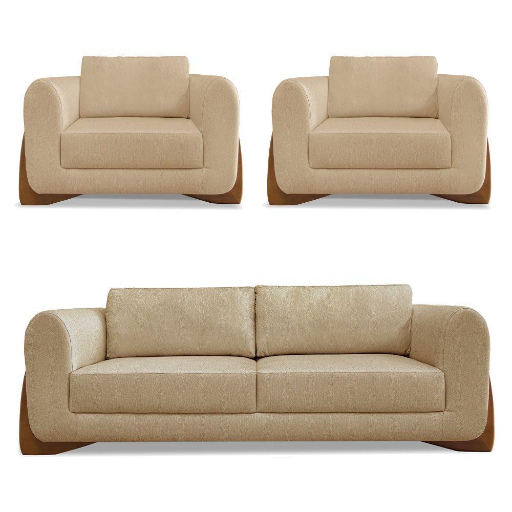 Kit 2 Poltronas E Sofá 2 Lugares Linho Dourado Pés Castanho - 1