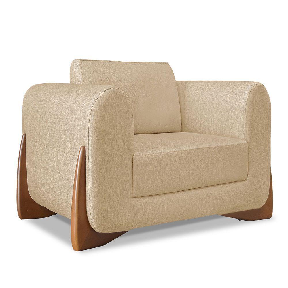 Kit Poltrona E Sofá 2 Lugares Linho Dourado Pés Castanho - 6